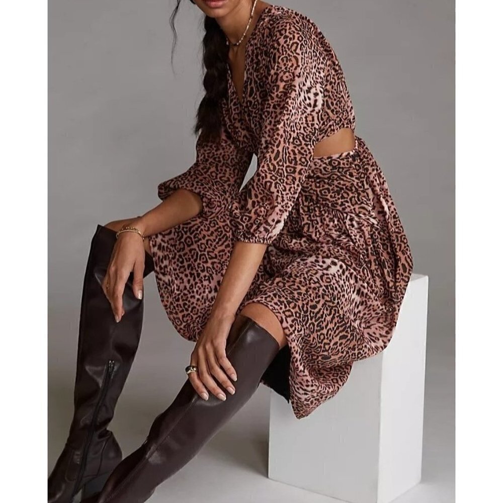 Anthropologie Leopard Animal Print CUT-OUT MIDI DRESS BROWN Women Size M